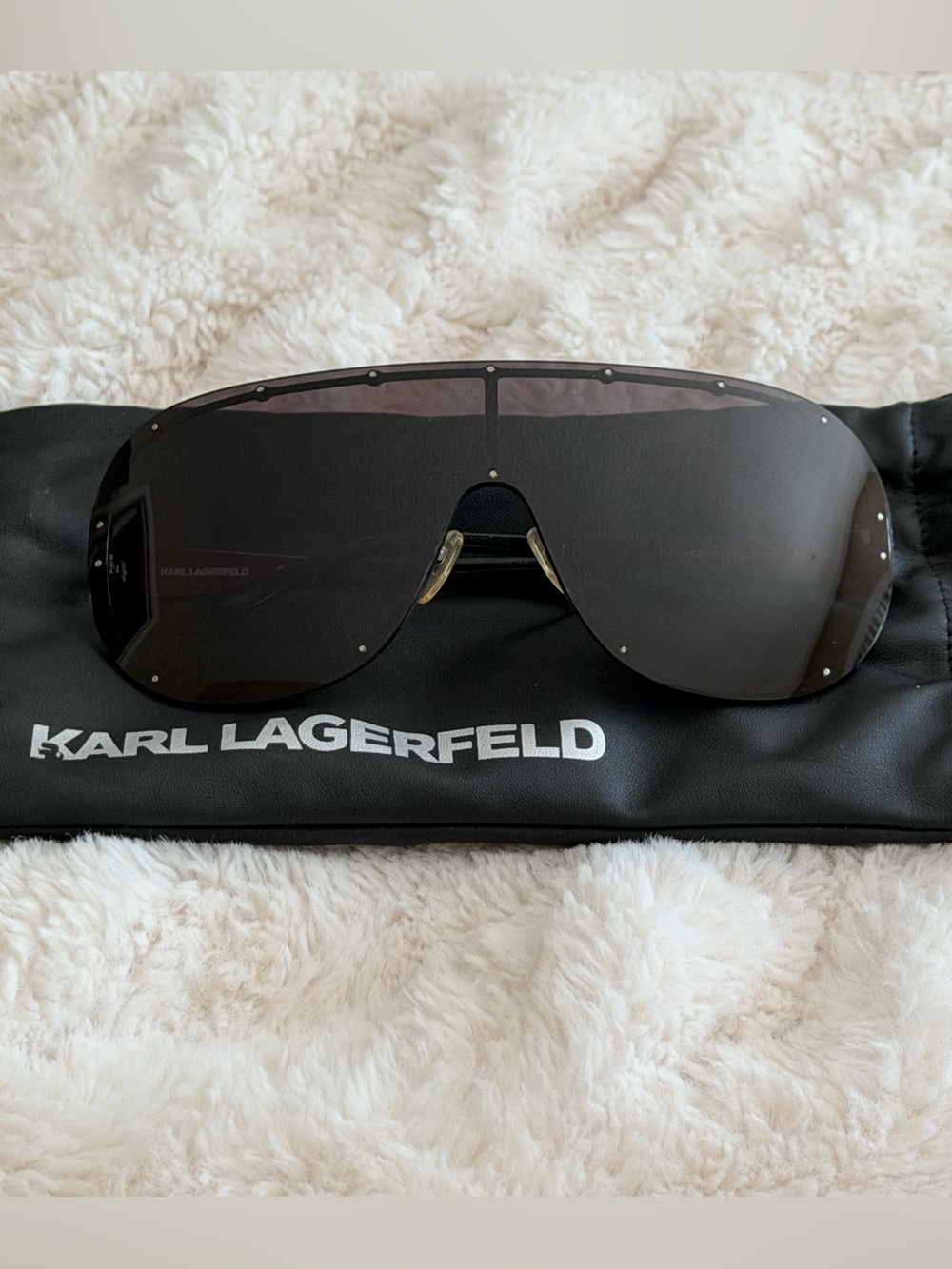Karl Lagerfeld Oversized Shield Sunglasses | Black Studded Rimless